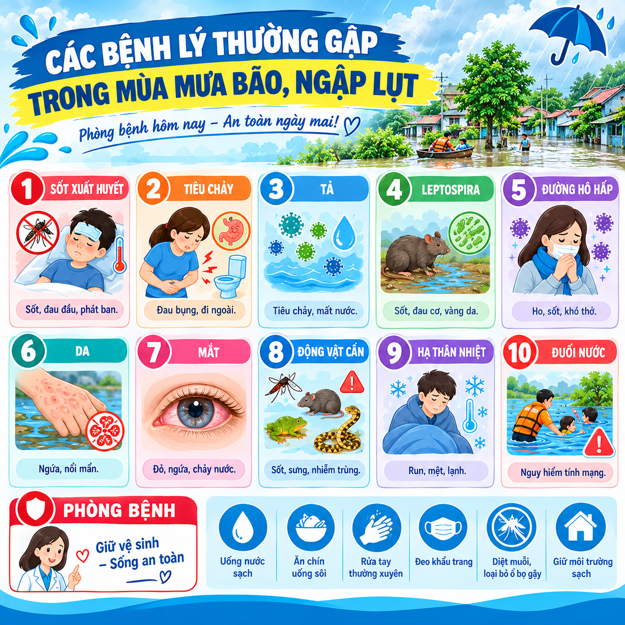 CÁC BỆNH LÝ THƯỜNG GẶP TRONG MÙA MƯA BÃO, NGẬP LỤT