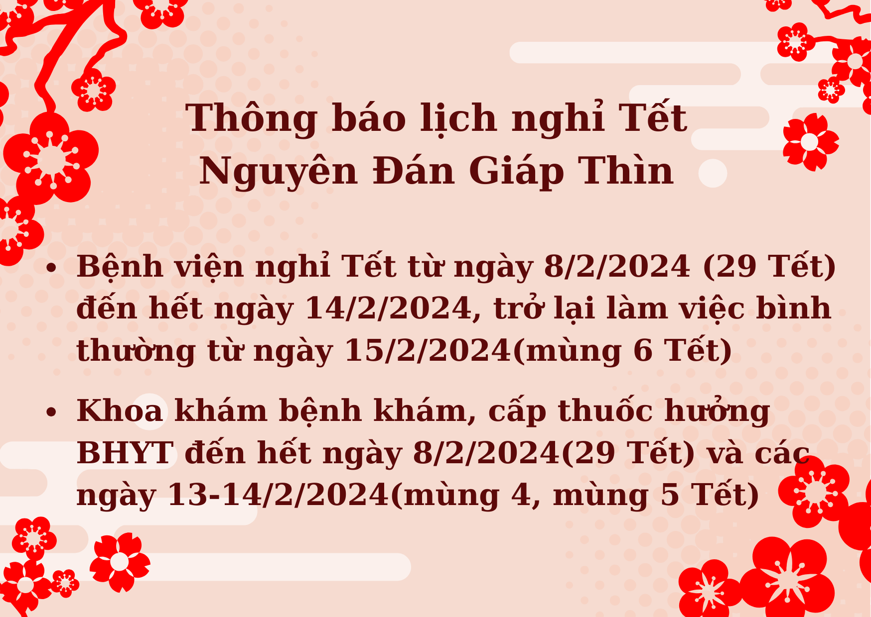 THÔNG BÁO LỊCH NGHỈ TẾT NGUYÊN ĐÁN NĂM 2024 TẠI BVĐK THIỆU HÓA
