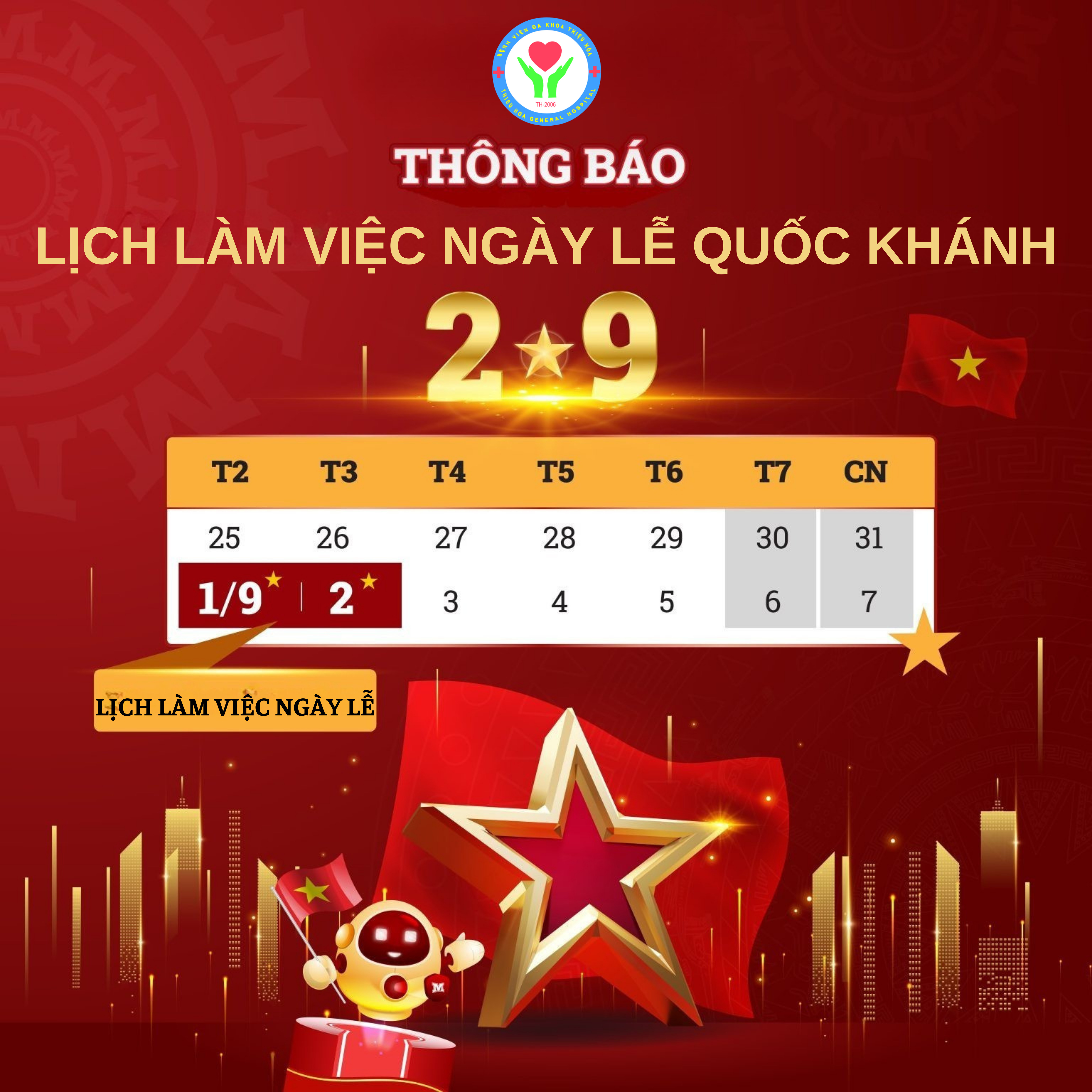 THÔNG BÁO LỊCH LÀM VIỆC DỊP QUỐC KHÁNH 2/9/2025